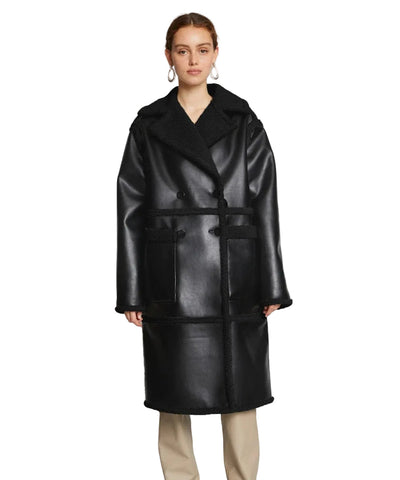 Women's Black Duster Sherpa Leather Trench Shearling Coat