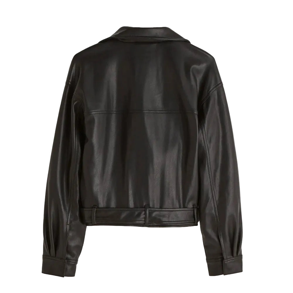women’s black sheepskin leather aviator jacket side angle