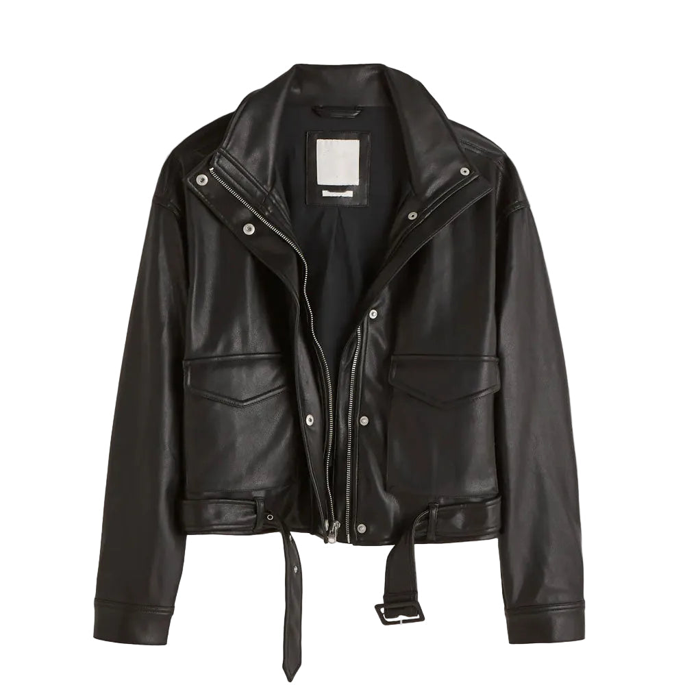 women’s black sheepskin leather aviator jacket front view