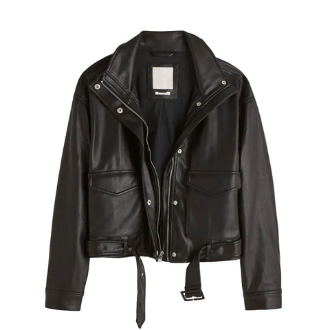 women’s black sheepskin leather aviator jacket front view