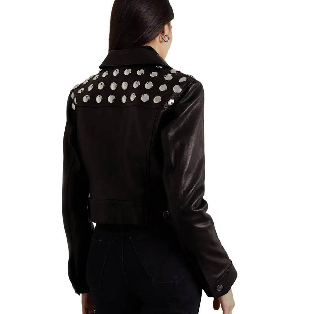 Women's Black Shearling Studded textured Cropped Leather Jacket