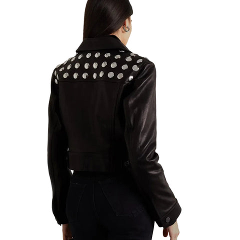 Women's Black Shearling Studded textured Cropped Leather Jacket