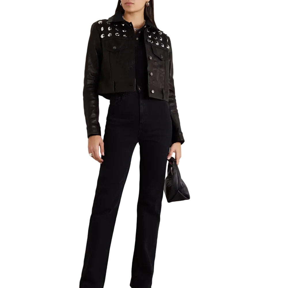Women's Black Shearling Studded textured Cropped Leather Jacket