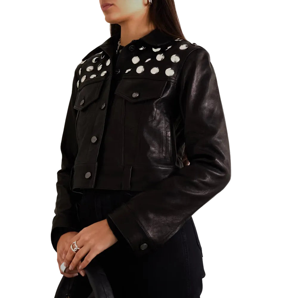 Women's Black Shearling Studded textured Cropped Leather Jacket