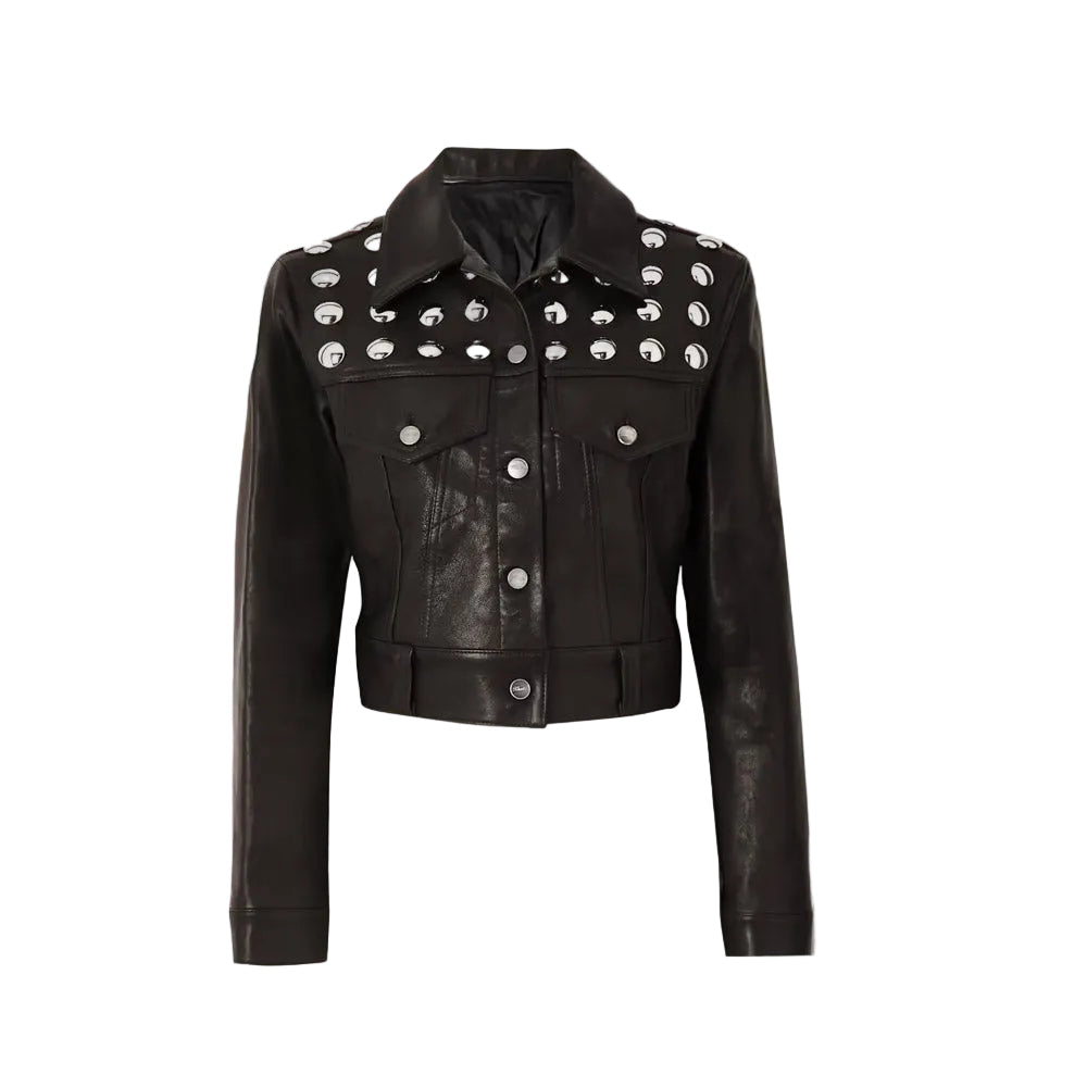 Women's Black Shearling Studded textured Cropped Leather Jacket