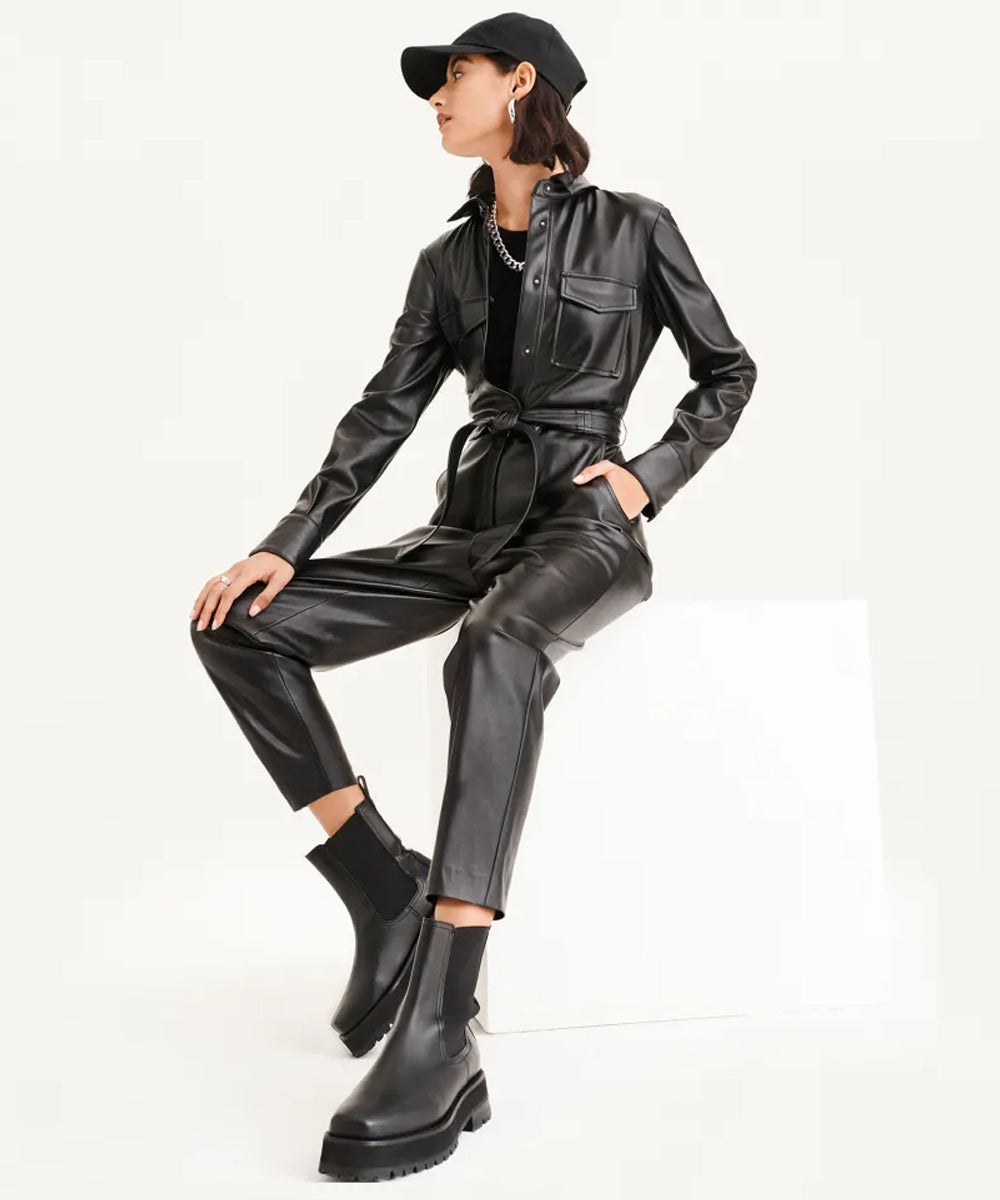 women's black sheepskin leather jumpsuit amelie back view