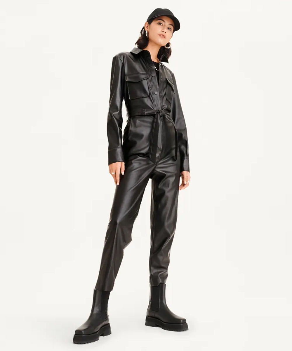 women's black sheepskin leather jumpsuit amelie front view