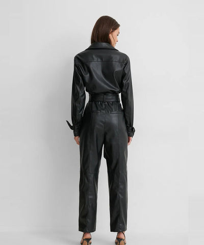 Women's Black Sleeved Genuine Lambskin Leather Jumsuit