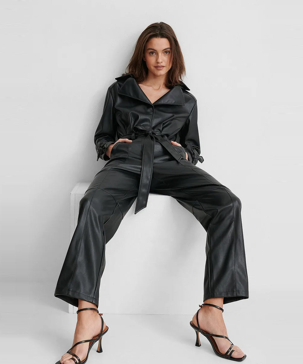 Women's Black Sleeved Genuine Lambskin Leather Jumsuit