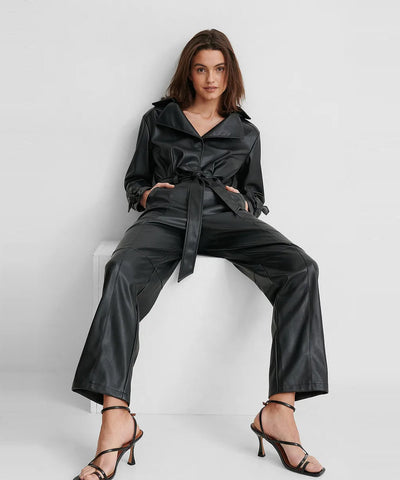 Women's Black Sleeved Genuine Lambskin Leather Jumsuit