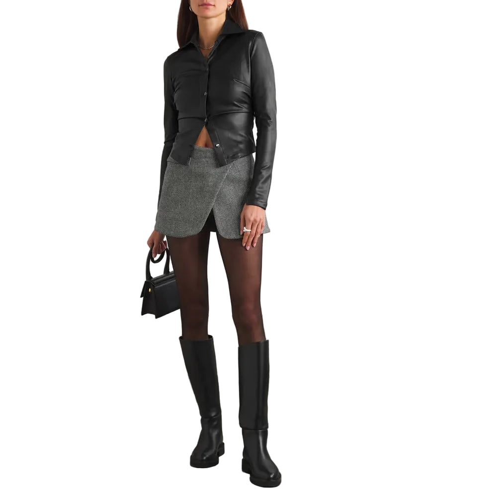 Women's Black Slim Fit Smooth Sleeves Leather Shirt