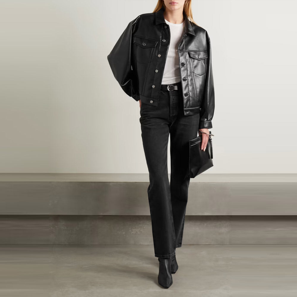 Women's Black Smooth Simple Button Closure Leather Blend Shirt
