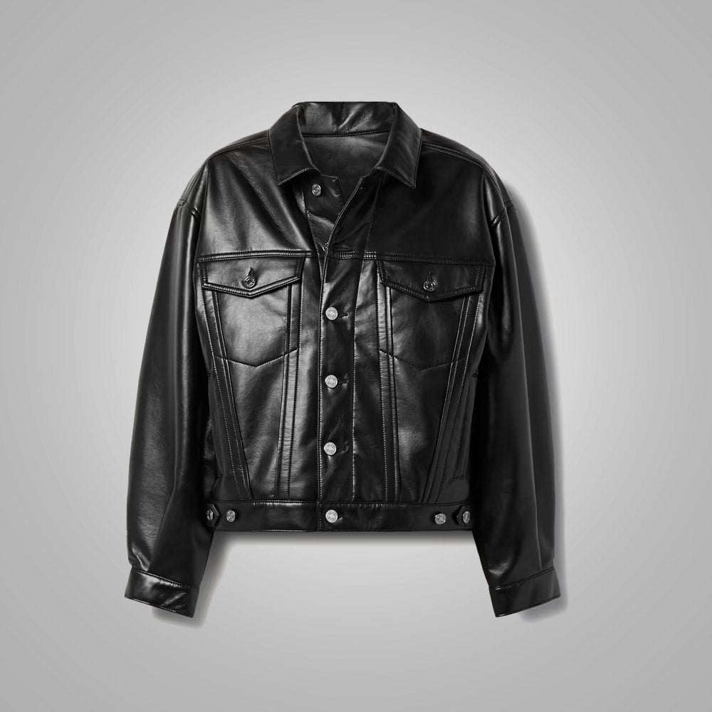 Women's Black Smooth Simple Button Closure Leather Blend Shirt