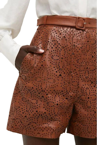 Women's Brown Light Pattern High Waist Leather Shorts