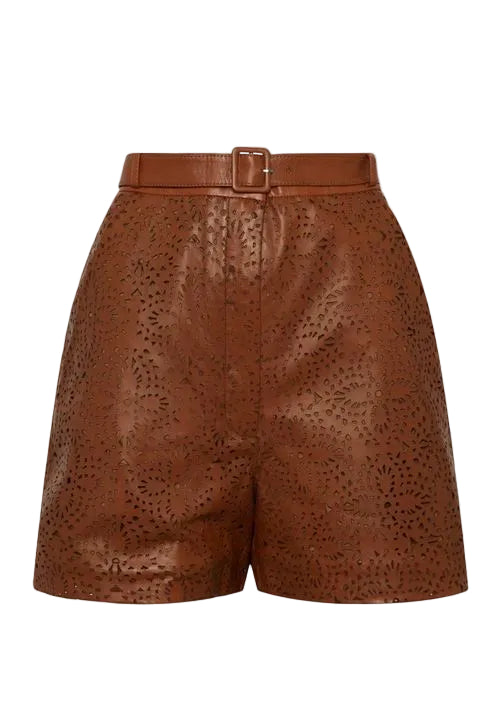 Women's Brown Light Pattern High Waist Leather Shorts