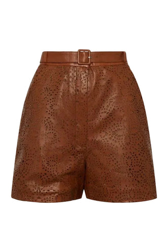 Women's Brown Light Pattern High Waist Leather Shorts