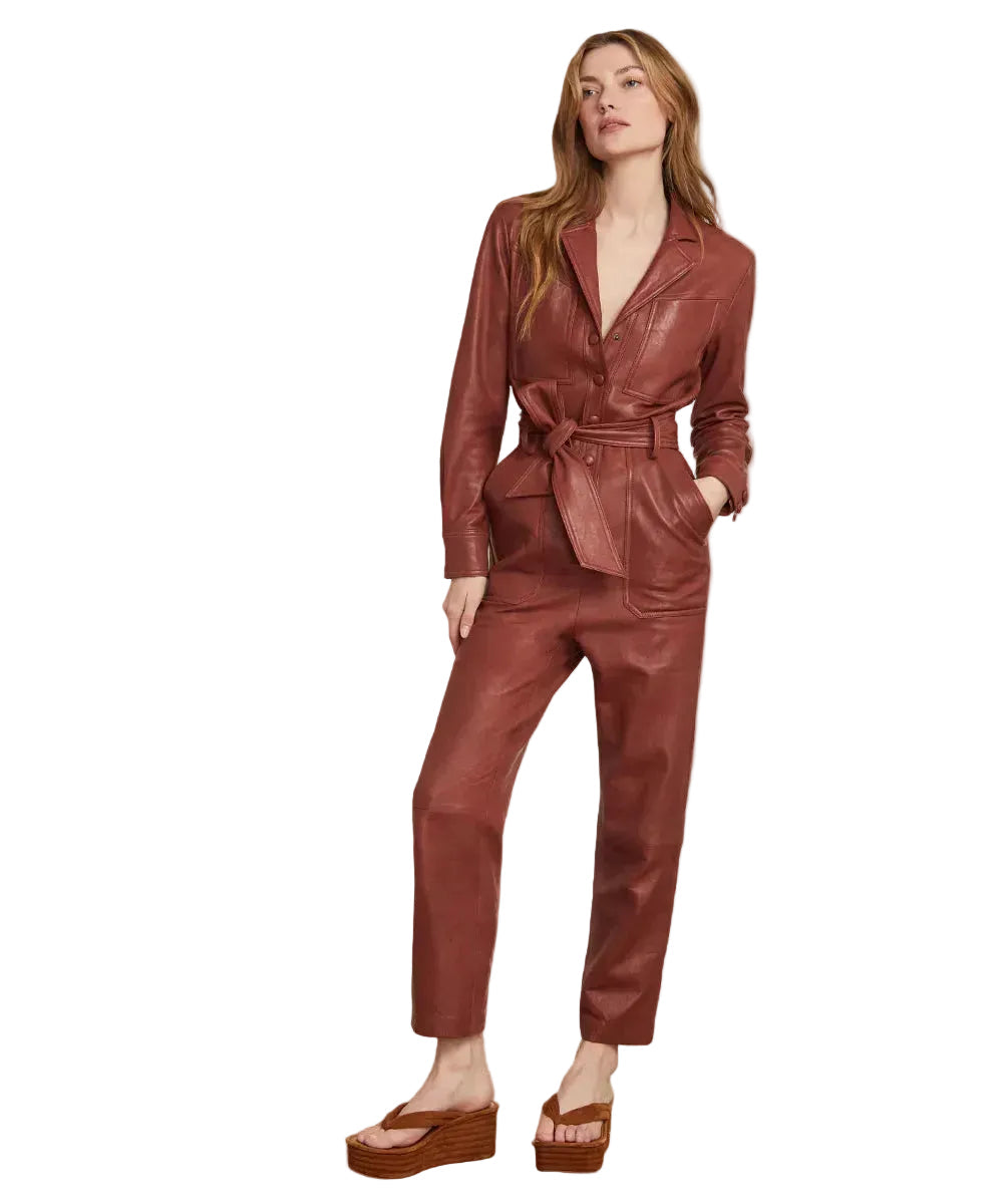 women's brown leather jumpsuit selene front view