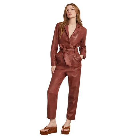 women's brown leather jumpsuit selene front view