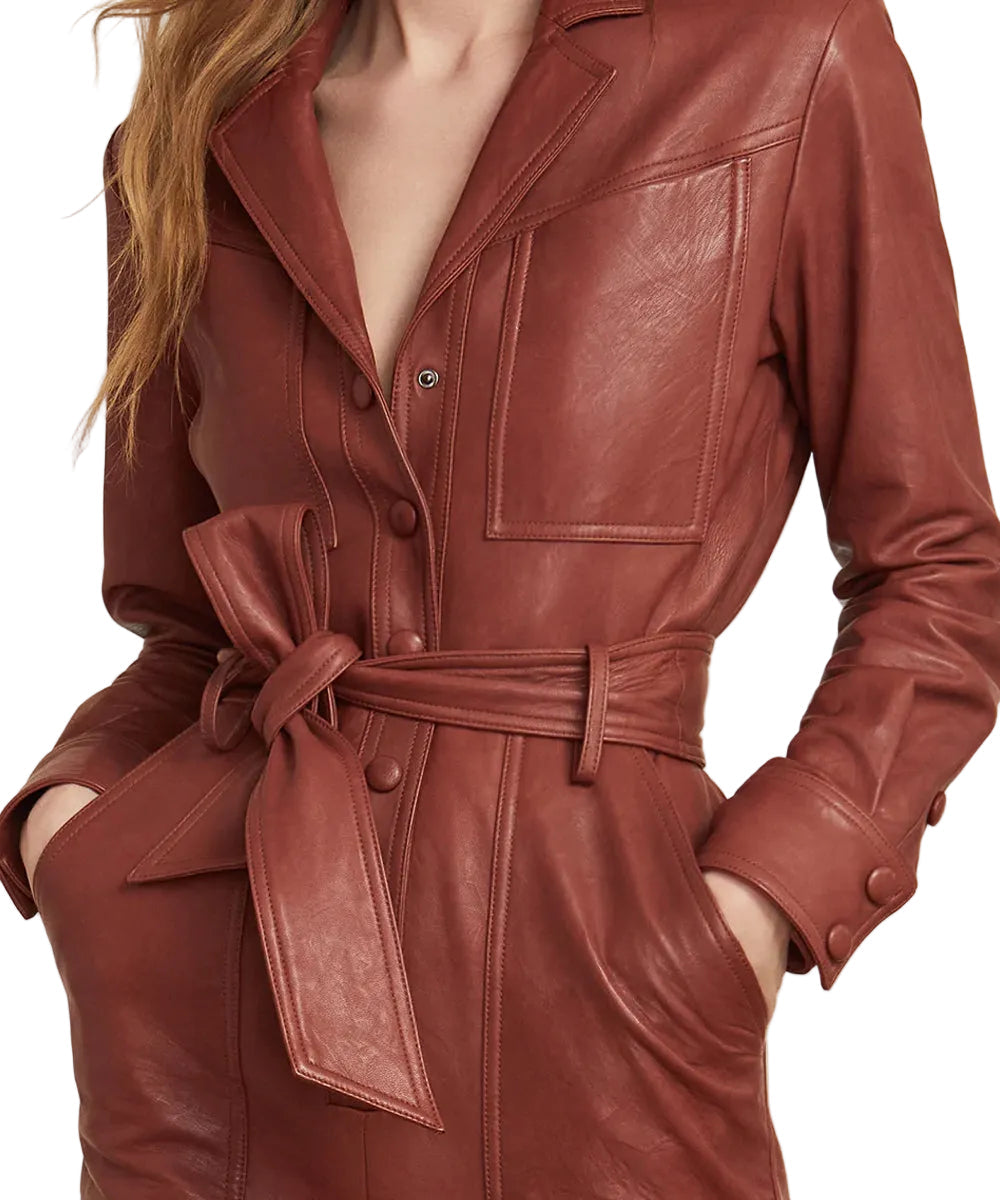 women's brown leather jumpsuit selene side angle