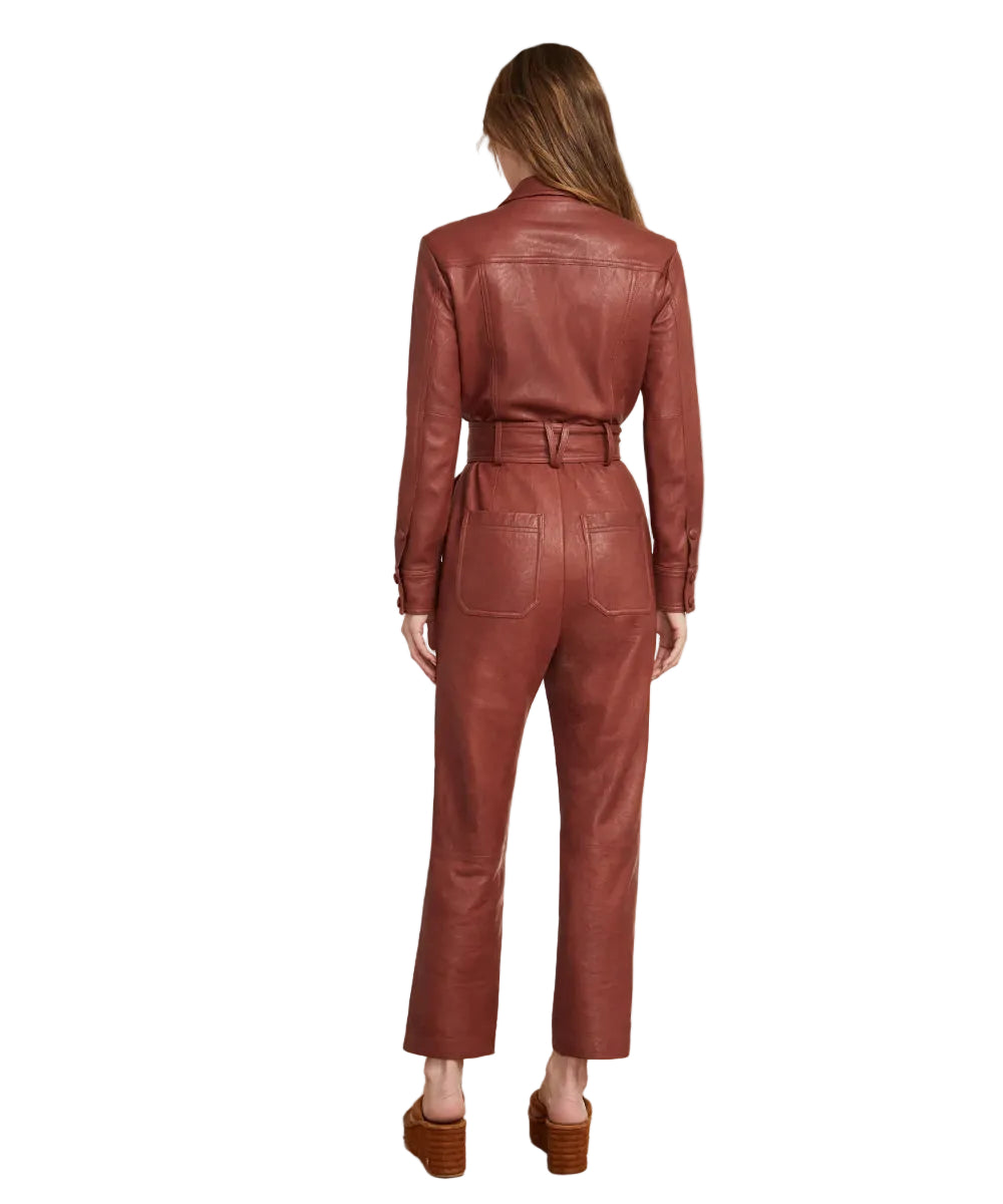 women's brown leather jumpsuit selene back view
