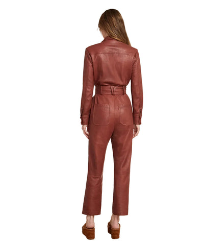 women's brown leather jumpsuit selene back view