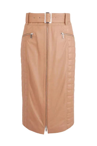 Women's Brown Quilted Leather Belted Midi Skirt With Zipper