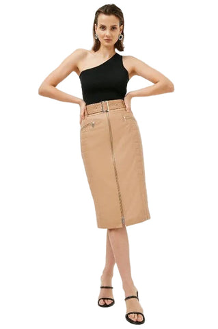 Women's Brown Quilted Leather Belted Midi Skirt With Zipper