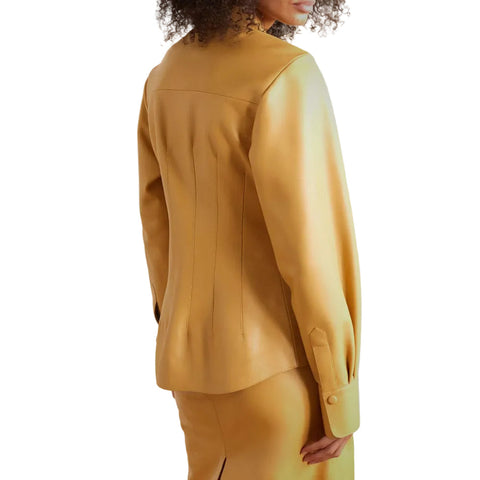 Women's Brown Soft Smart Collar Sleeves Leather Shirt