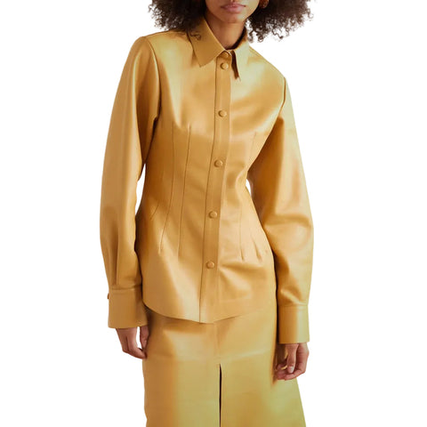 Women's Brown Soft Smart Collar Sleeves Leather Shirt