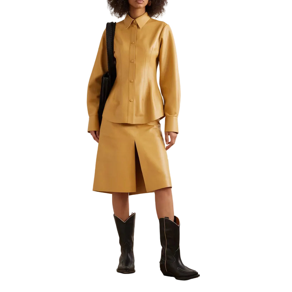 Women's Brown Soft Smart Collar Sleeves Leather Shirt