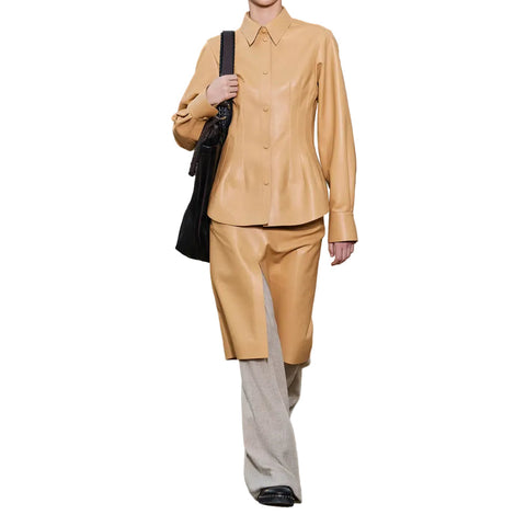 Women's Brown Soft Smart Collar Sleeves Leather Shirt