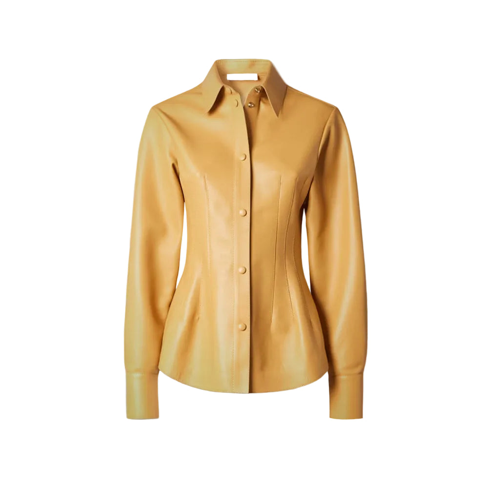 Women's Brown Soft Smart Collar Sleeves Leather Shirt