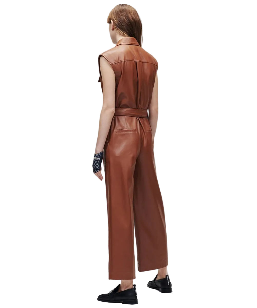 women's brown leather jumpsuit elara side angle