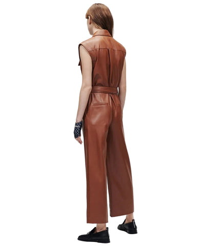 women's brown leather jumpsuit elara side angle