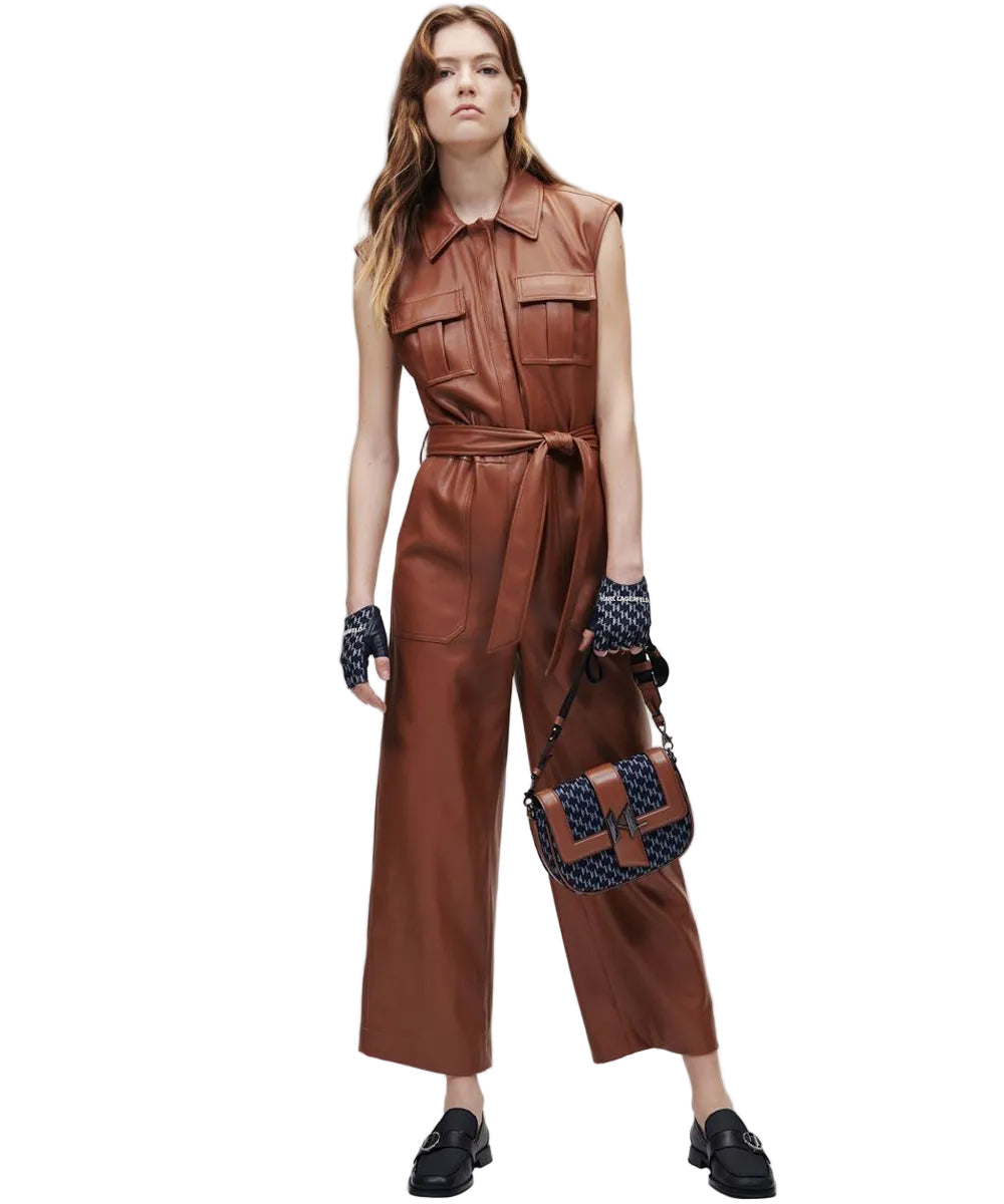 women's brown leather jumpsuit elara front view