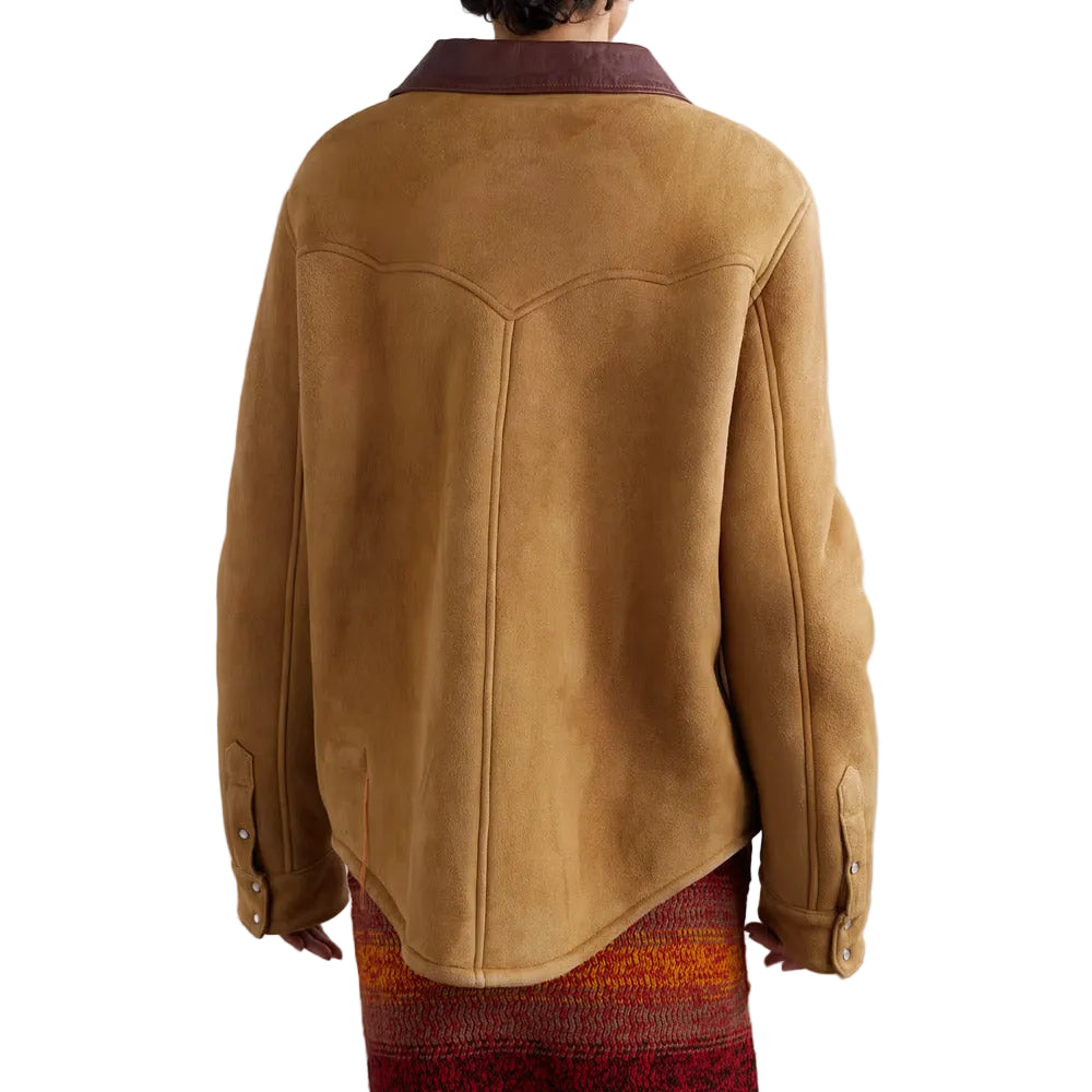 Women's Camel Suede Shearling With Classic Flap Pockets Leather Shirt