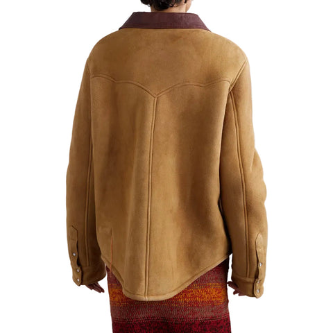 Women's Camel Suede Shearling With Classic Flap Pockets Leather Shirt