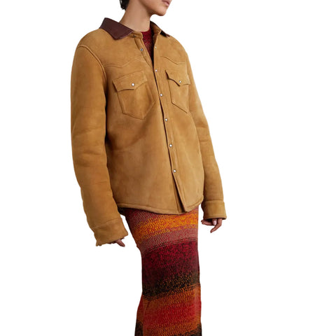 Women's Camel Suede Shearling With Classic Flap Pockets Leather Shirt