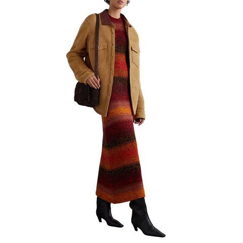 Women's Camel Suede Shearling With Classic Flap Pockets Leather Shirt