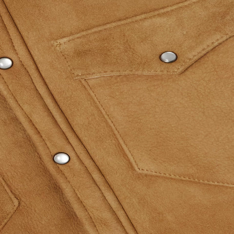 Women's Camel Suede Shearling With Classic Flap Pockets Leather Shirt