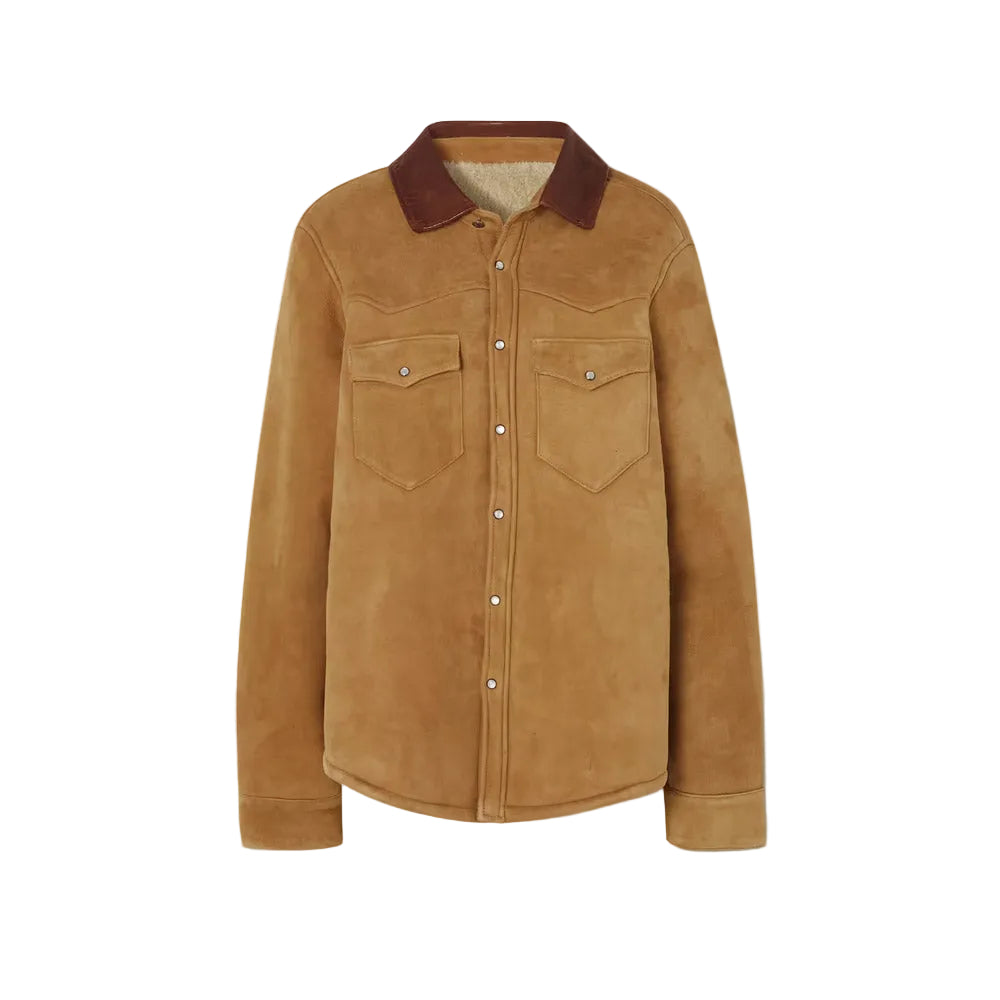 Women's Camel Suede Shearling With Classic Flap Pockets Leather Shirt