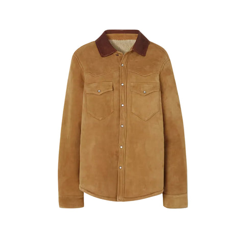 Women's Camel Suede Shearling With Classic Flap Pockets Leather Shirt
