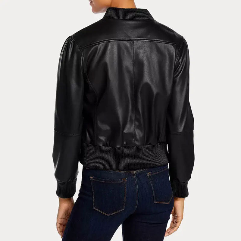 women's black leather bomber jacket anika side angle