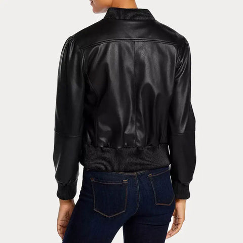 women's black leather bomber jacket anika side angle