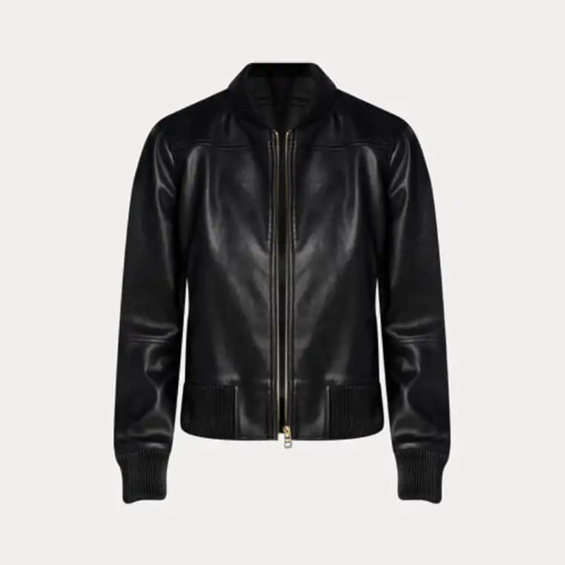 women's black leather bomber jacket anika back view