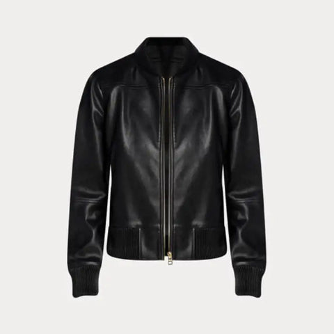 women's black leather bomber jacket anika back view