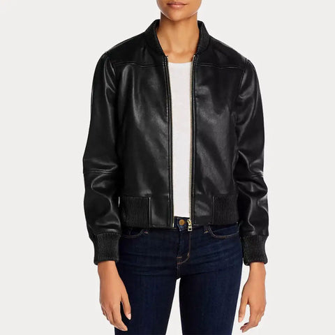 women's black leather bomber jacket anika front view