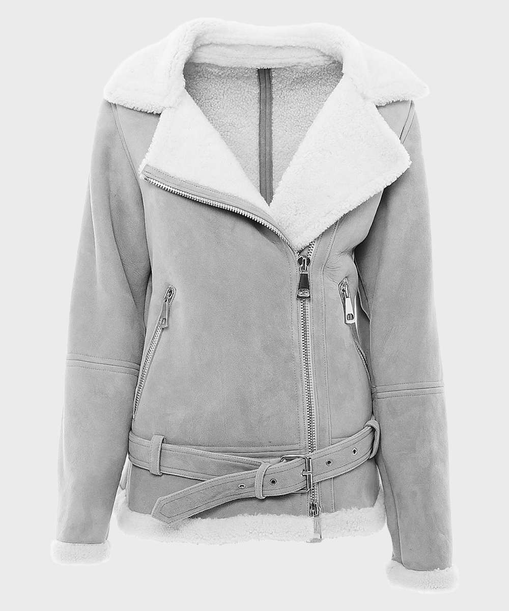 women’s grey sheepskin leather jacket front view