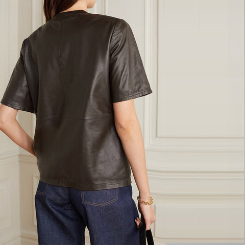 women’s black cowhide leather shirt side angle