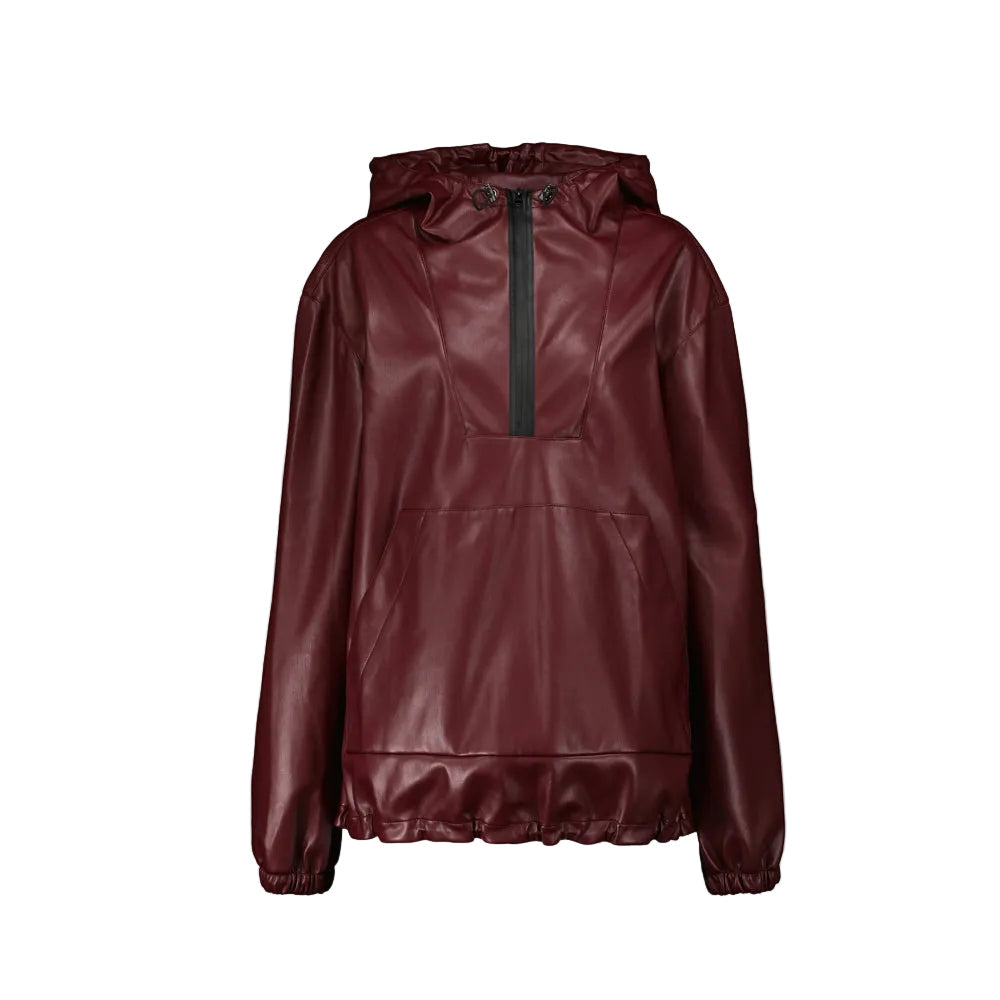 women's red hooded leather bomber jacket freya front view